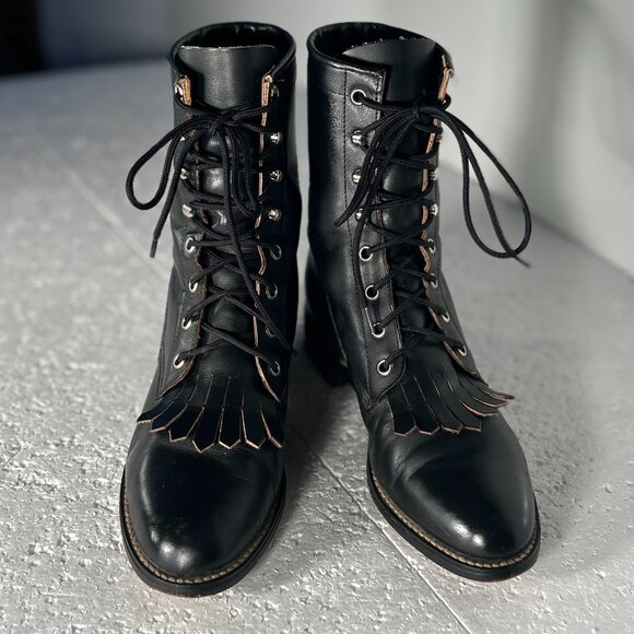 Justin SZ 8 Mckean 7" Black Leather Lace-Up Roper Boot Cottage Western Prairie - Picture 6 of 15